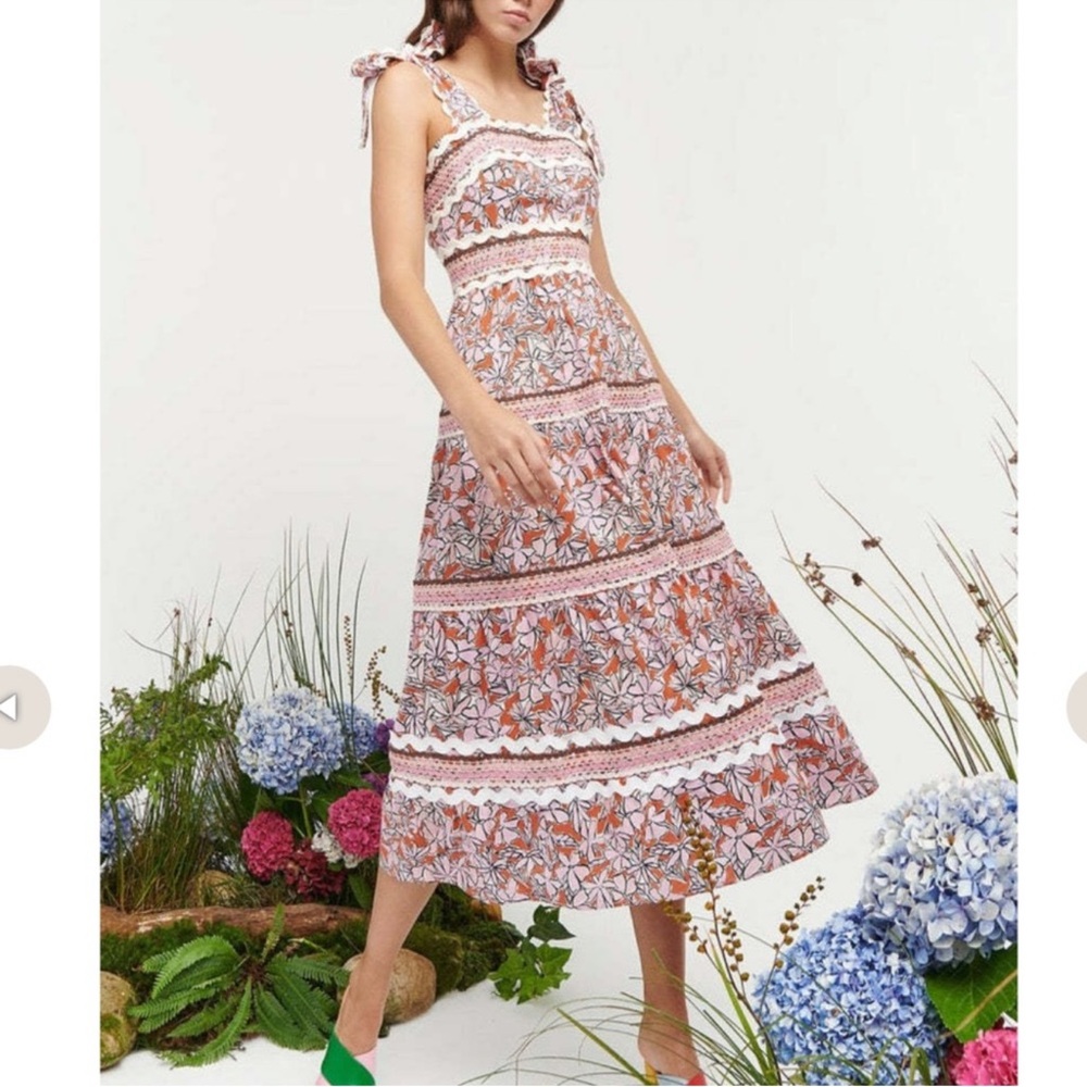 CeliaB Floki Dress - Pink Red Floral Tiered - Romantic Cotton Blend Size L NWT